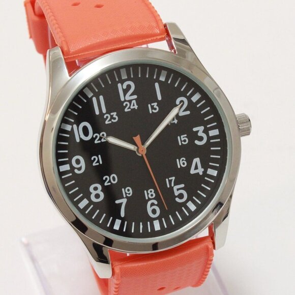 Men's Quartz Field Watch Silver Case Orange Tropical Rubber Strap 42mm - Picture 5 of 15
